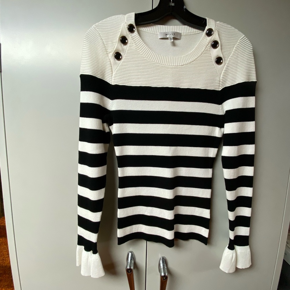 Milly Black and Ecru Striped Sweater Size L
